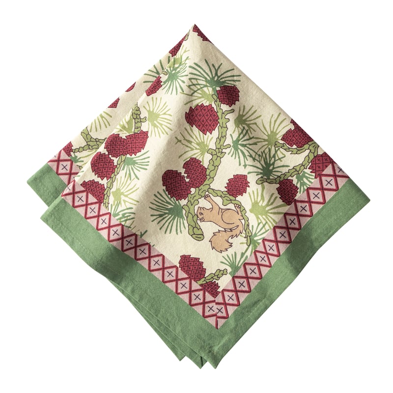 Couleur Nature Squirrel and Pinecone Napkins - Set of 6 - Red/Brown - Set of 6