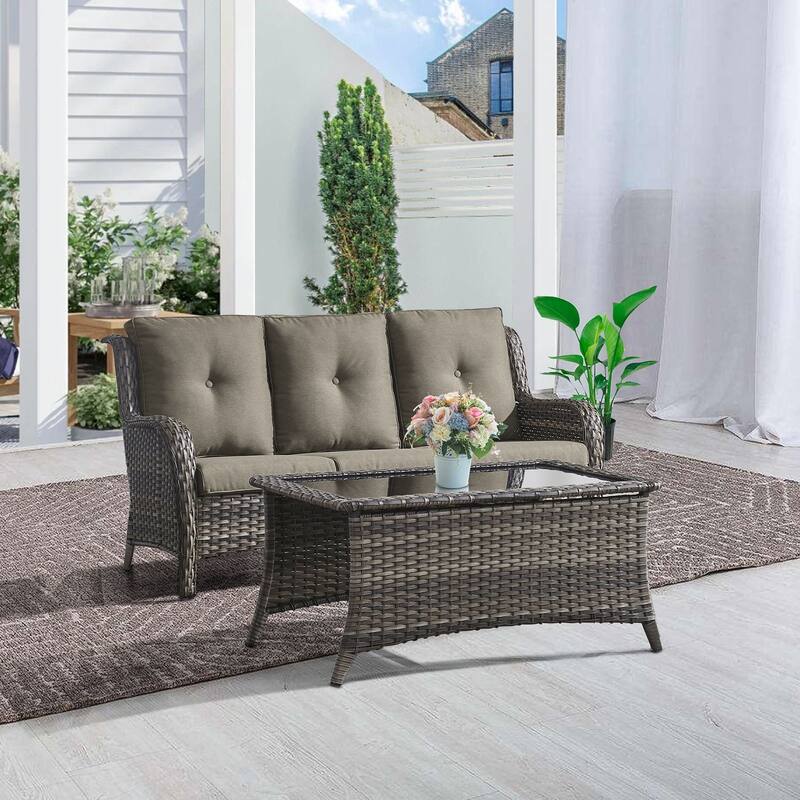Gymojoy 2-Piece Outdoor Wicker Patio Furniture with 3 Seat Sofa, Rattan Coversation Set with Water Resistant Thick Cushions - Grey Wicker / Grey Cusion - 2-Piece