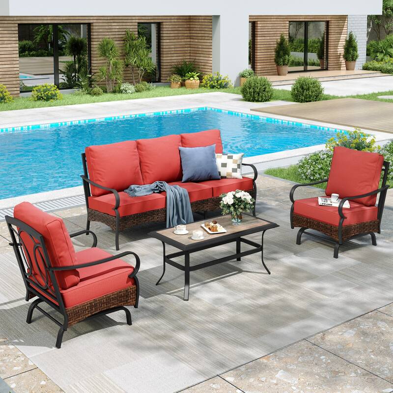 MAISON ARTS 4-Piece Rattan Wicker Patio Furniture Set with Swivel Chairs and Coffee Table for Outdoor Spaces - Rocking Chair - Red
