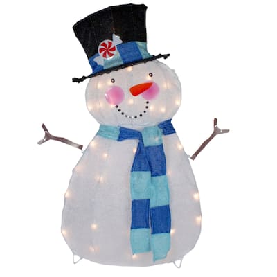 32" Lighted White and Blue Chenille Snowman Outdoor Christmas Decoration