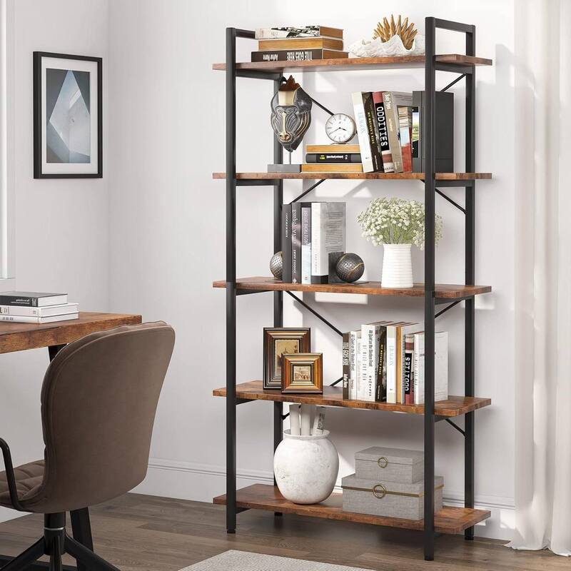 Modern Industrial 5 Tier Bookcase with Rustic Brown Shelves and Black Metal X Back Frame - 31.49" x 11.02" x 62.99"