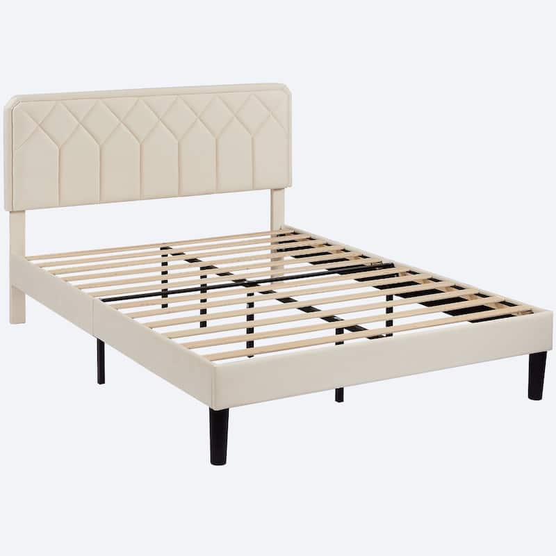 VECELO Upholstered Beige Bed Frame with Adjustable Height Headboard Twin/Full/Queen Size No Box Spring Needed Platform Bed