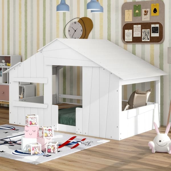 slide 2 of 17, White Twin Size Solid Wood House Bed with Roof, Window and Guardrail for Kids, Boys and Girls, Bedroom Twin - White
