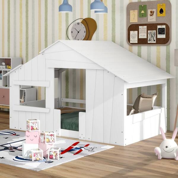 slide 2 of 40, Wood House Bed with Roof & Door, Window and Guardrail White - Twin
