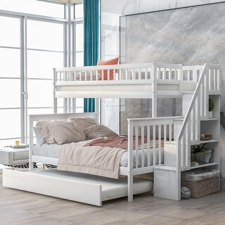 Twin over Full Bunk Bed with Trundle and 4-Storage Shelves, Guardrails for Safety, Solid Wood Frame, Space-Saving Design, White