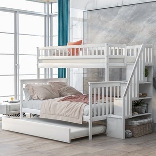 White Twin over Full Size Pine Wood Bunk Bed with Trundle and Staircase for Bedroom