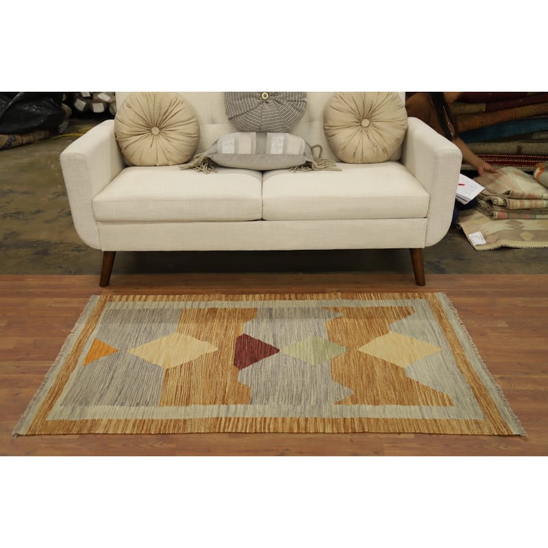 Hand Woven Oriental 100% Wool Carpet Southwestern Modern Multi-Colored Kilim Area Rug - 4' 11'' X 3' 0''