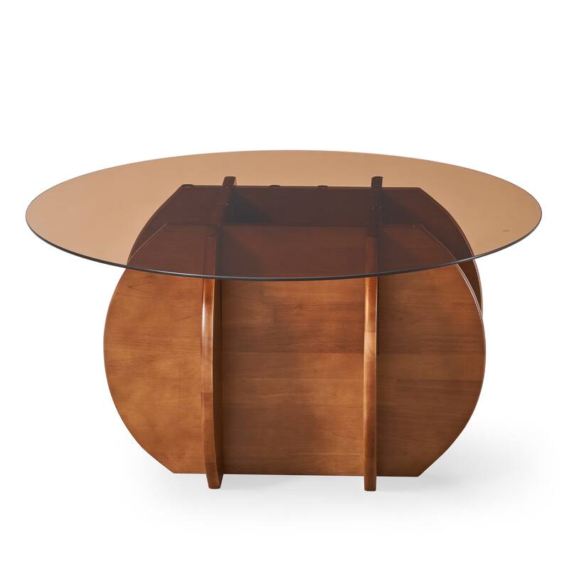 CAROCC Modern Round Table Glass Top Wooden Base Petal - Shaped Legs Dining Living Room Stylish Sturdy