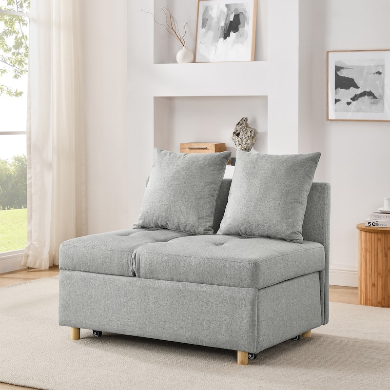Roomfitters Convertible Sleeper Sofa Chair with Adjustable Backrest, Pullout Bed and Wheels, Linen Fabric - Grey