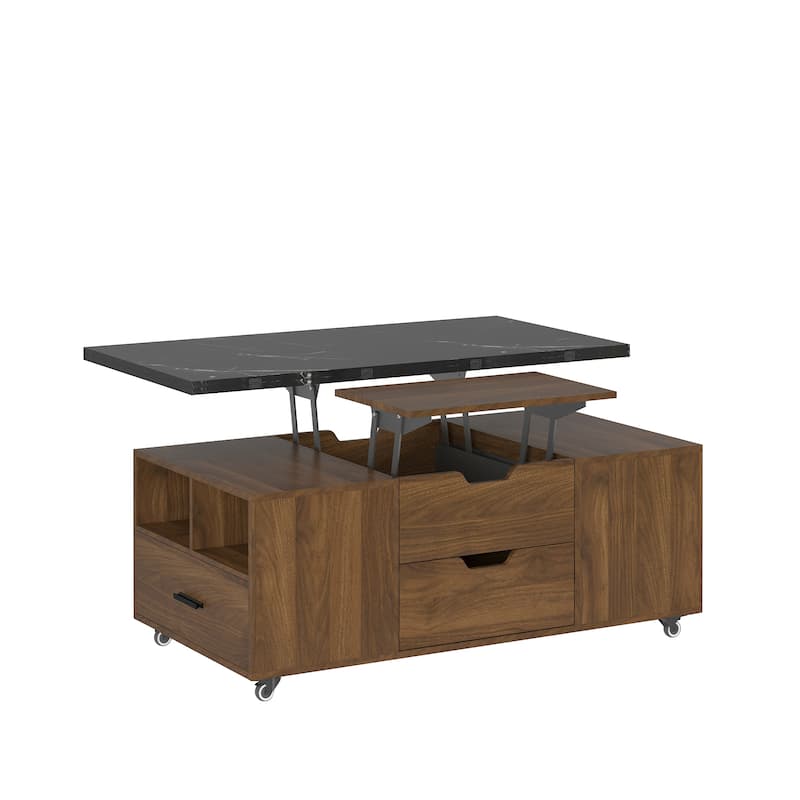 Modern Lift-Up Coffee Table with 2 Stools Set Expandable Hidden Storage + Drawers Space Saving Folding Dining Table