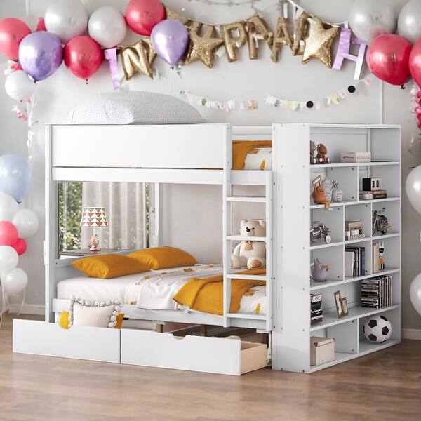 slide 2 of 32, Full over Full Bunk Bed With 2 Drawers And Multi-layer Cabinet White