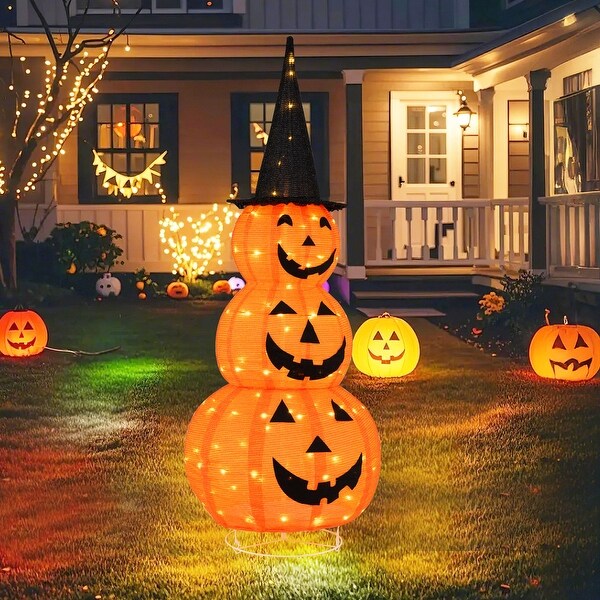 5 ft. Lighted Stacked Pumpkins Halloween Decoration with Witch Hat