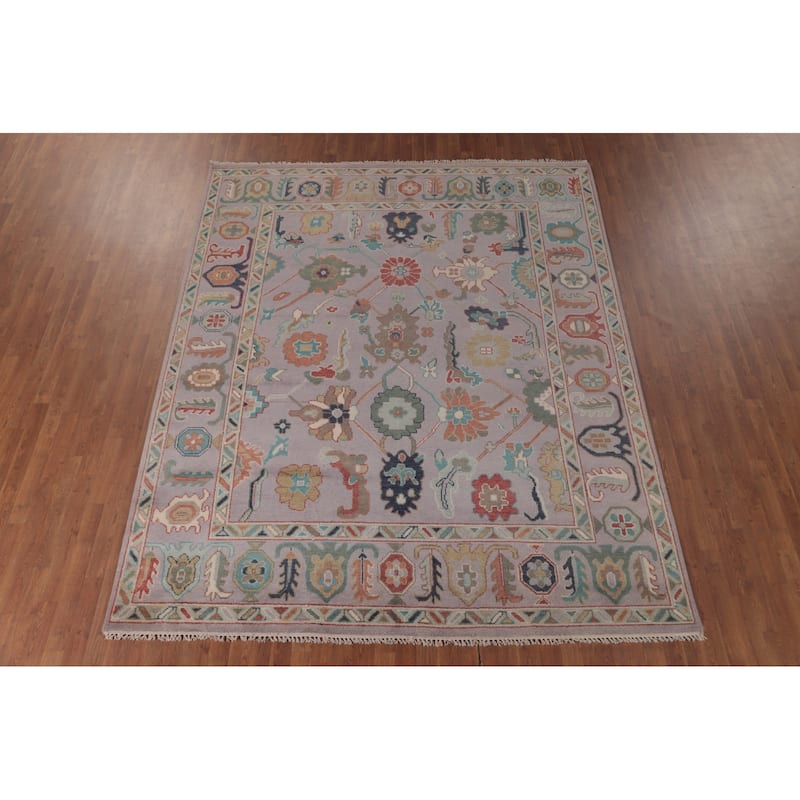 Floral Purple Oushak Area Rug Handmade Wool Carpet - 8'1"x 9'11"