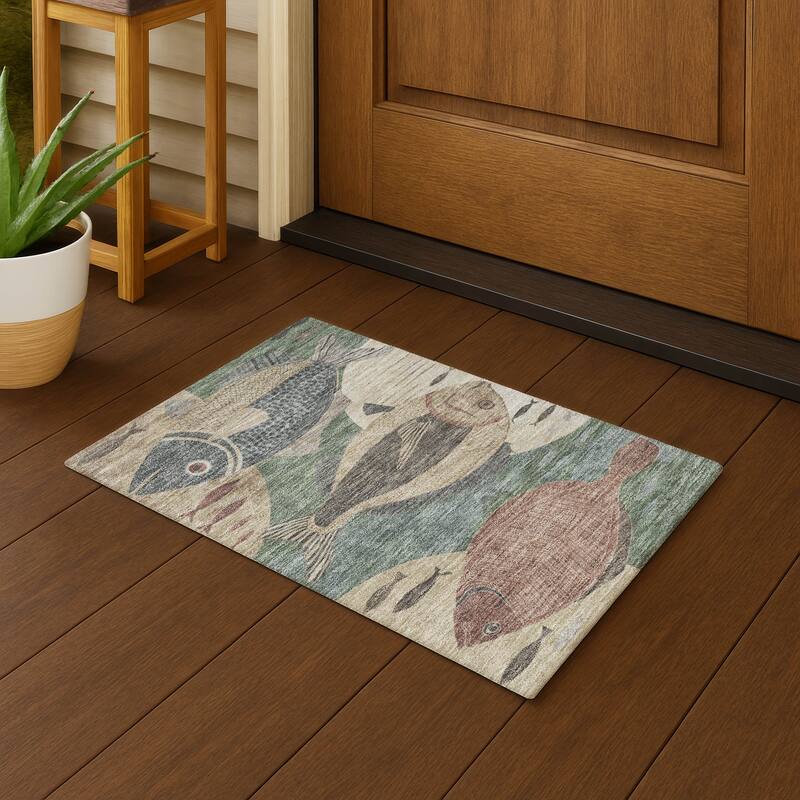 Machine Washable Indoor/ Outdoor Modern Fish Chantille Rug - Basil - 1'8" x 2'6"