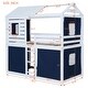 preview thumbnail 3 of 18, Playhouse Design Twin Size Bunk Wood House Bed with Tent, Blue+White