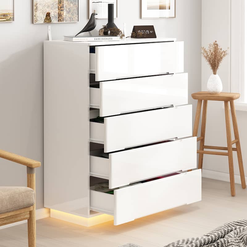 5 Drawers Chest with High Gloss Drawers With Light Storage Cabinet