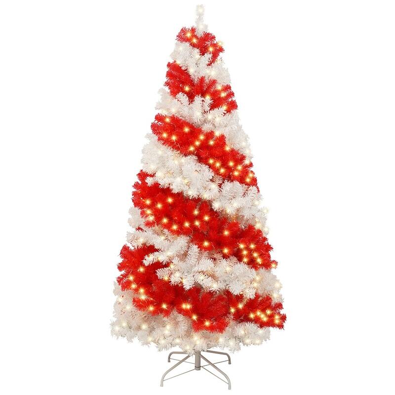 6FT Hinged Fir Artificial Candy Cane Christmas Tree with LED Lights and Bendable Branches