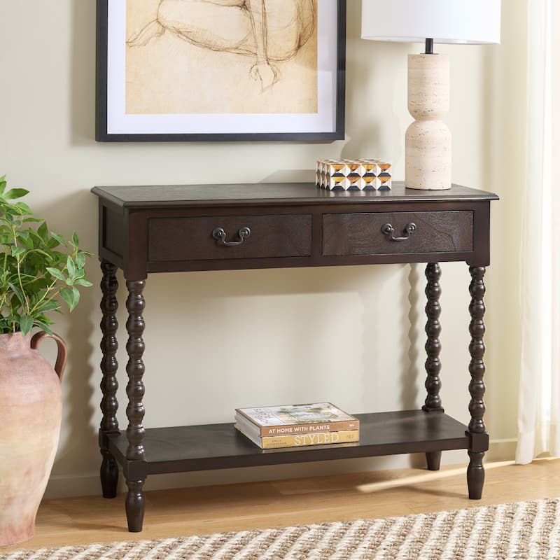 SAFAVIEH Henretta 2-Drawer Console Table - 35.5" W x 13" L x 29.5" H - 35.5" W x 13" L x 29.5" H - 36"W x 13"D x 30"H - Dark Chocolate