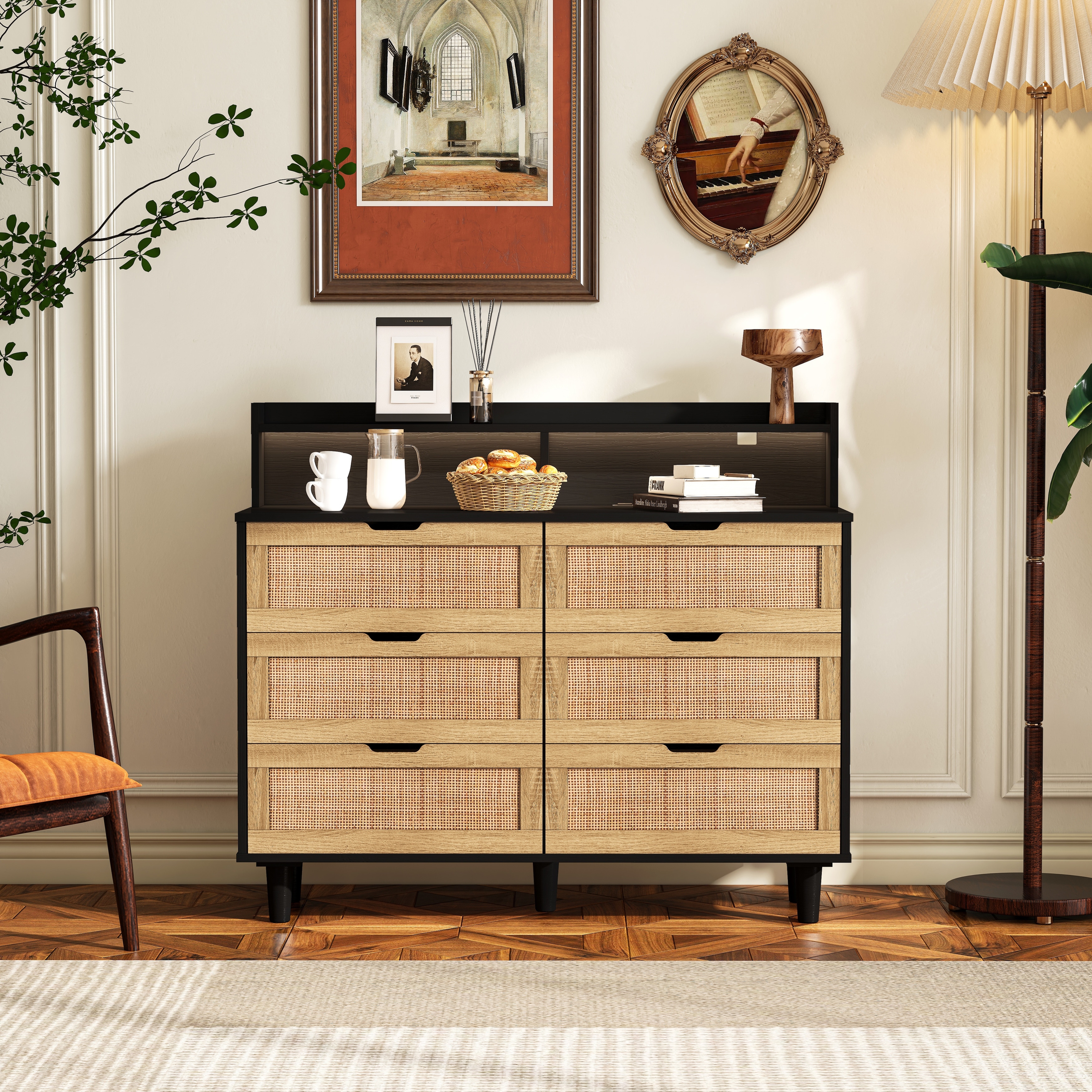 Sideboard Buffet Kitchen Storage Cabinet with Solid Wood Feet and Decorated Doors for Dining Room