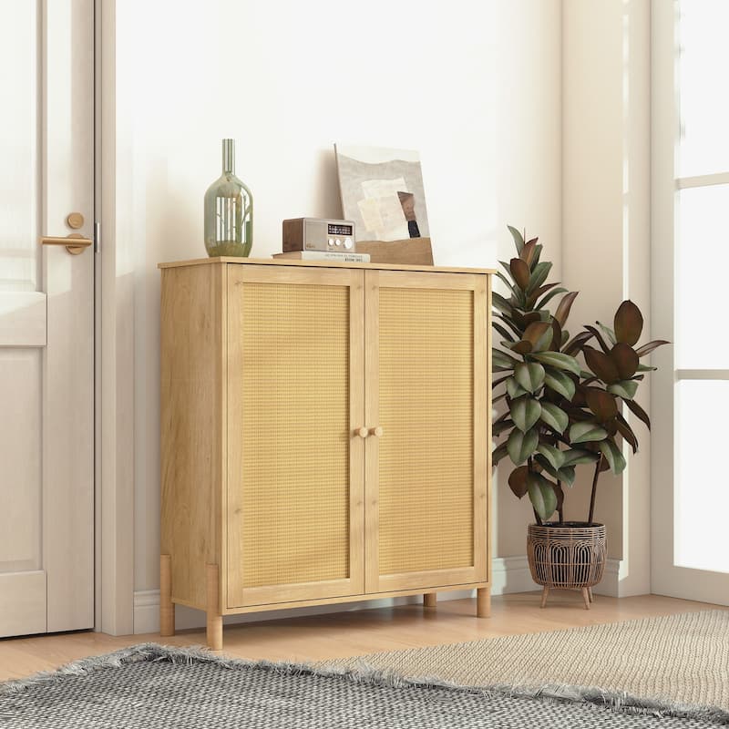 Anmytek Light Wood Rattan Double Door Storage Cabinet Space-Saving Boho Accent Cabinet - Gold