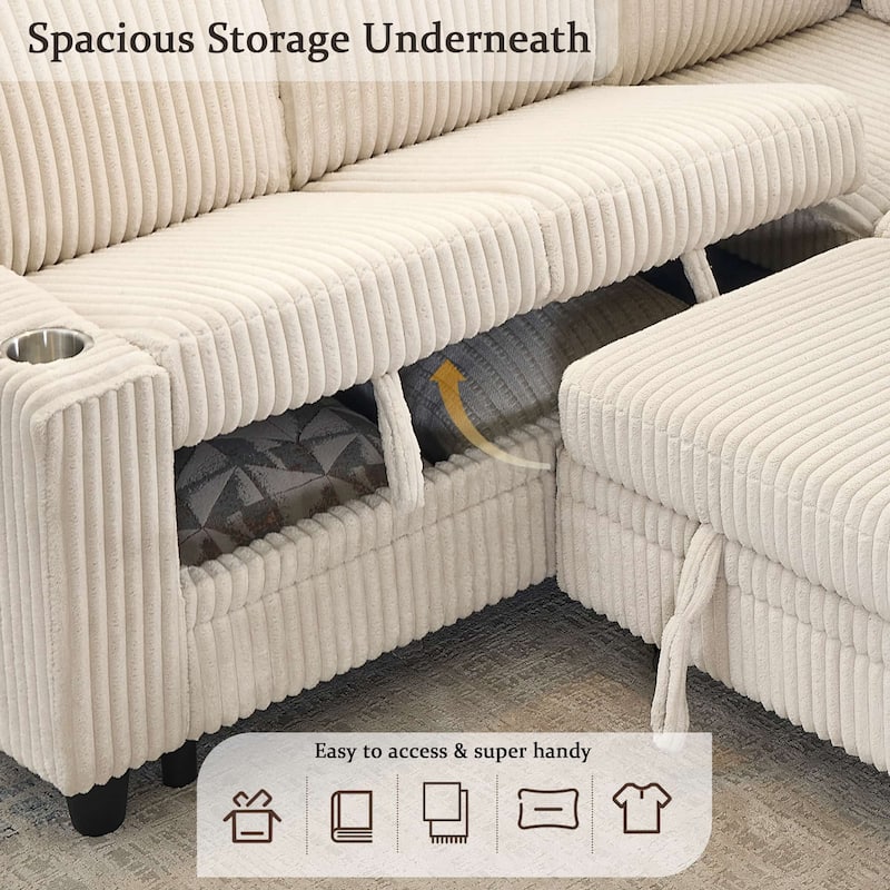 5-Seat Corduroy Storage Sectional Sofa Sleeper Couch with Pull-Out Bed