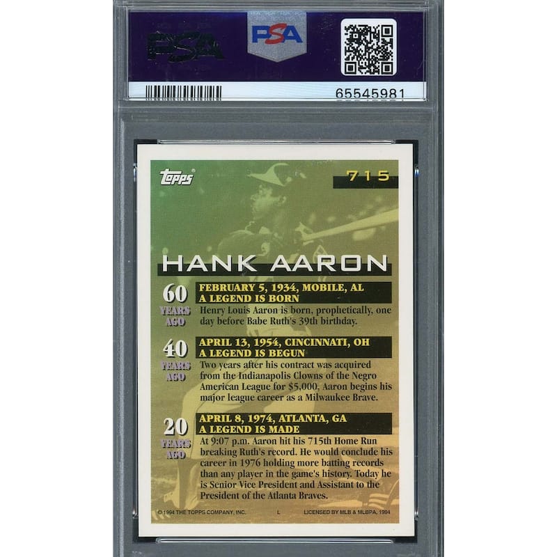 Hank Aaron 1994 Topps Baseball Card #715 Graded PSA 10 - 8'6" x 11'6"