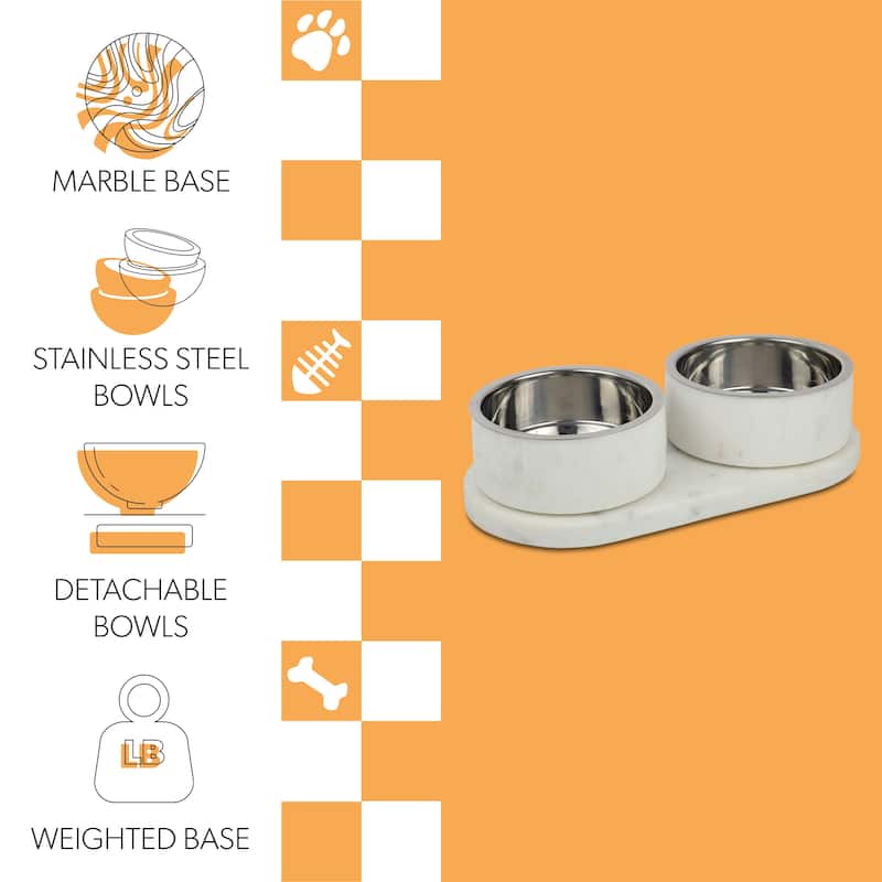 Marbre 12oz Double Pet Bowl Set - Marble & Stainless Steel with Non-Slip Tray