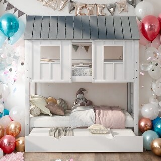 House Bunk Bed with Trundle,Roof and Windows,Roof and Windows Design,Space-saving Design,Easy Assembly,White
