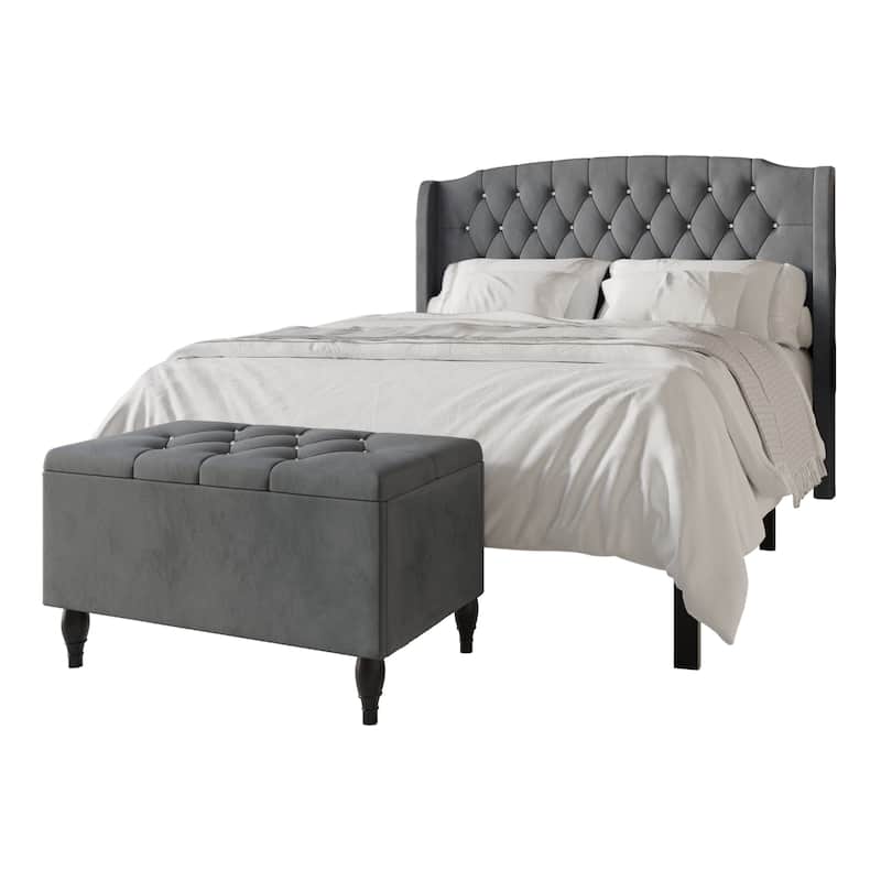 CraftPorch 2 Piece Bedroom Bench Set Velvet Wingback Upholstered Bed