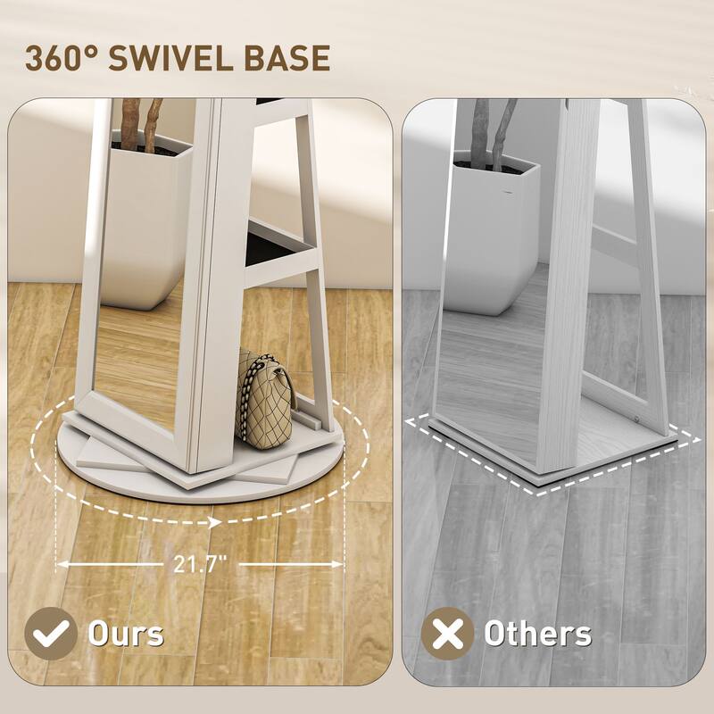 Full-Length Mirror Jewelry Cabinet Rotating Base With Storage - 21.7" W x 21.7" D x 63.4" H
