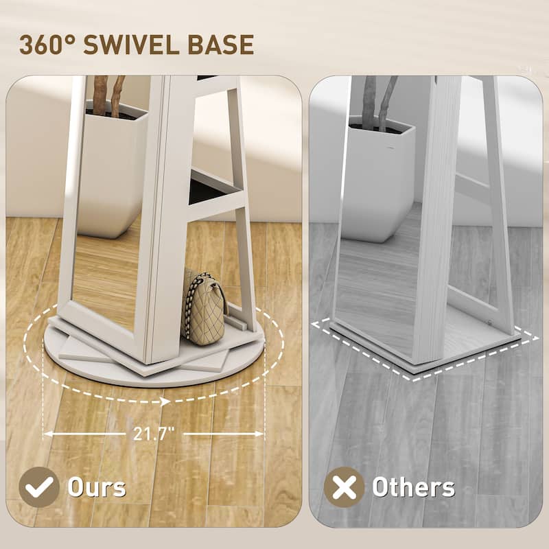 HOMCOM 360° Swivel Jewelry Cabinet, Lockable Jewelry Armoire Organizer with Full-Length Mirror for Bedroom Living Room