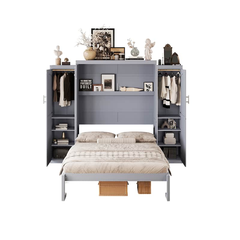 Queen/Full Murphy Bed with 2 Wardrobes - Foldable Wall Bed with Storage Shelf & Cabinet Space