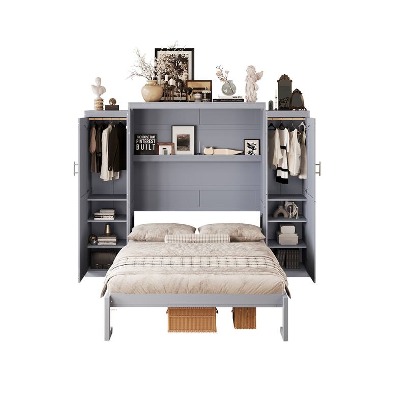 Space-Saving Full Size Murphy Bed with 2 Wardrobes & Storage Shelf, Foldable Platform Bedframe for Guest Rooms