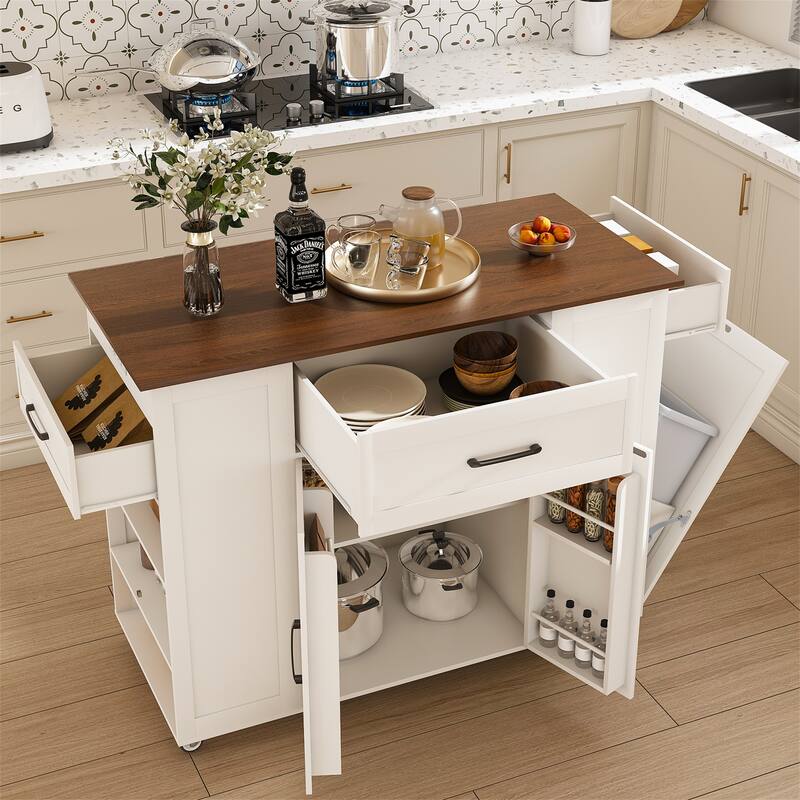 Movable Wood Top Kitchen Island w/ Power Outlet and Adjustable Shelf