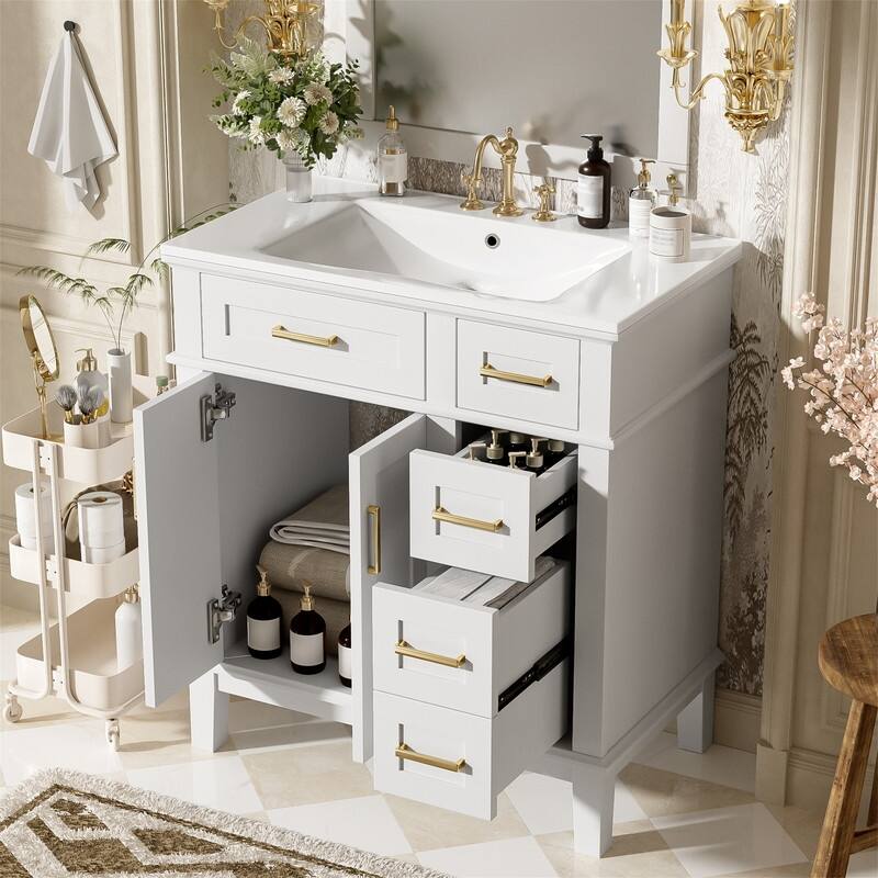 30" Bathroom Vanity with Ceramic Sink, Modern Bathroom Storage Cabinet with Soft-Close Doors, Deep Drawer & Standard Drawer - White