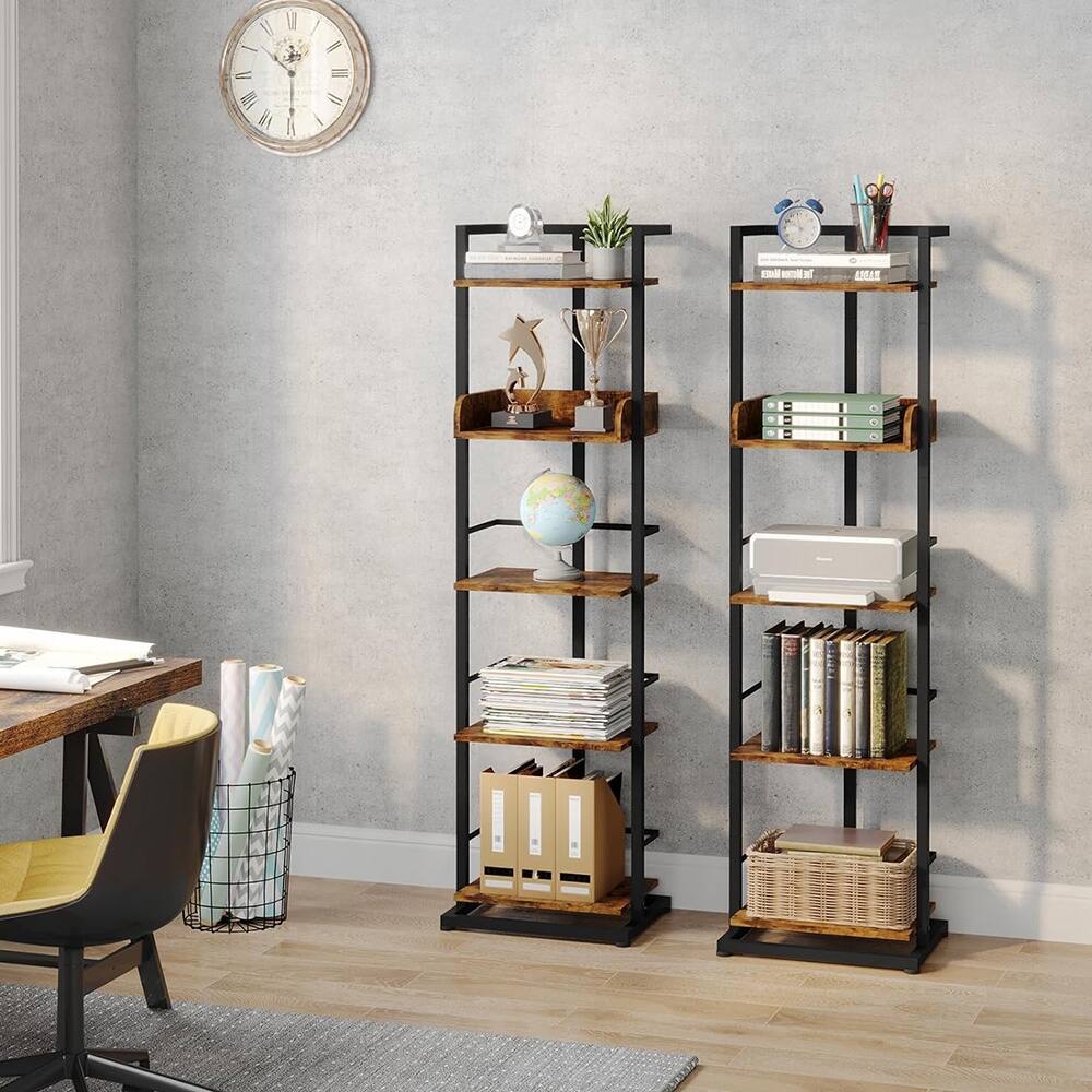 5Tier Book Shelf Narrow Wood Bookcase Tall Corner Book Shelves Bed