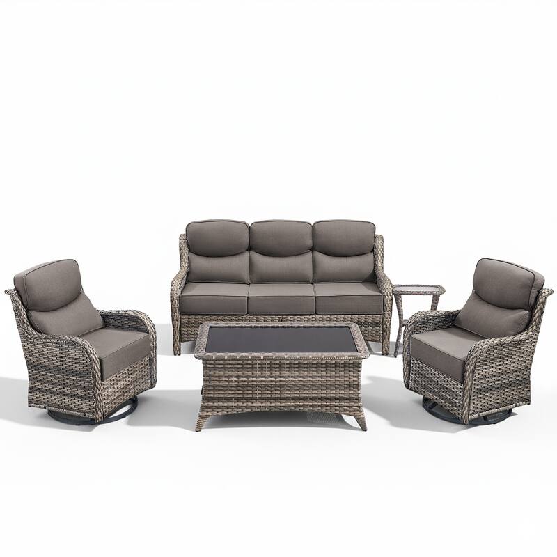 Meyreso 7-Piece Wicker Patio Conversation Set with Swivel Gliders and 6-Inch Thick Cushions