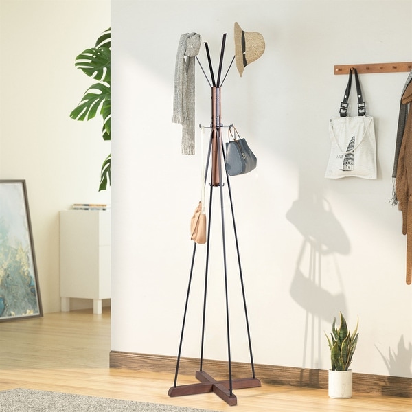 Metal Coat Rack 8 Hooks Entryway Coat Stand W Cross Wood Base
