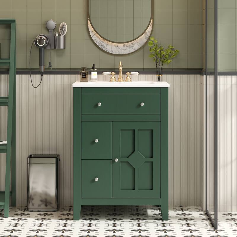 24" Modern Bathroom Vanity with Ceramic Basin Bathroom Storage Cabinet with 2 Drawers - Green
