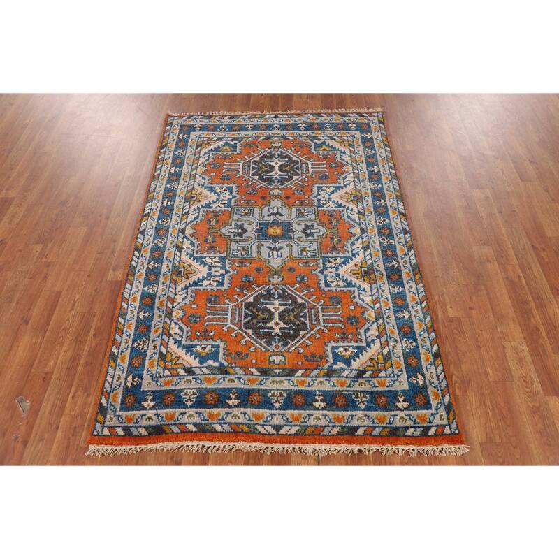 Geometric Heriz Serapi Oriental Foyer Rug Hand-Knotted Wool Carpet - 3'11"x 5'10"