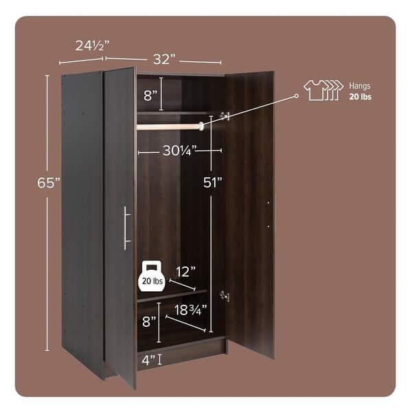dimension image slide 1 of 4, Bedroom Armoire Wardrobe Cabinet with Hanging Rail - 65'' H X 32'' W X 24.5'' D