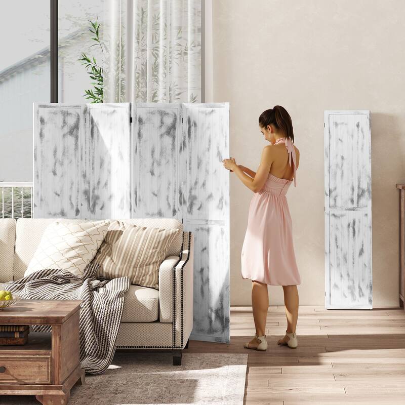 White Paulownia Wood MDF Foldable Room Divider with Rustic Panels - 63.25" W x 67" H x 0.75" D