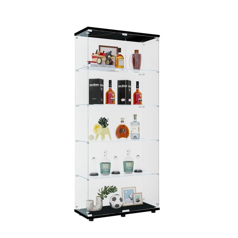 Glass Display Cabinet with 5 Shelves Double Door, Curio Cabinets, Floor Standing Glass Bookshelf, Quick Installation