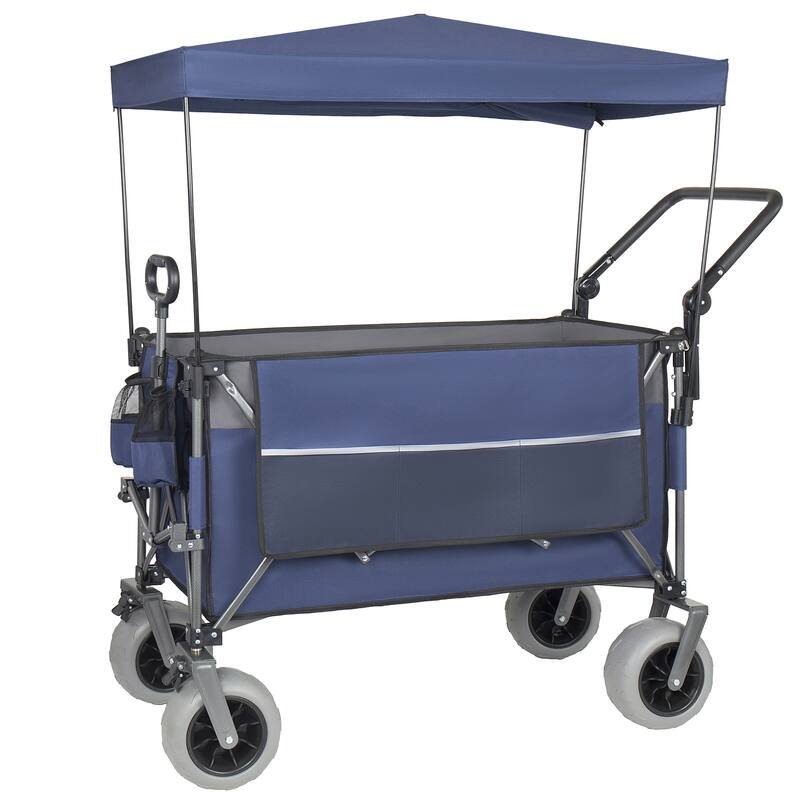 Multi-Functional Push-Pull Folding Wagon Cart with Rotating Handle & Canopy, 9"x4" Beach Tires, 300L Large Capacity