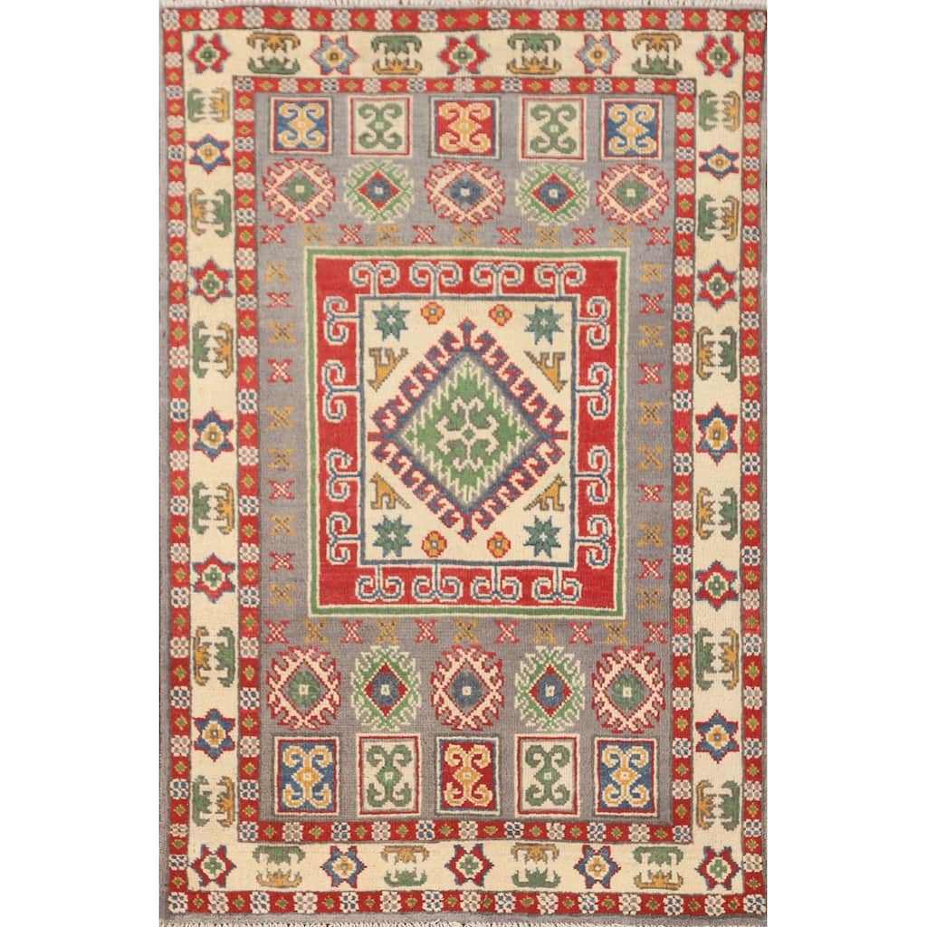Geometric Grey Kazak Foyer Rug Handmade Wool Carpet - 2'7" x 4'2"