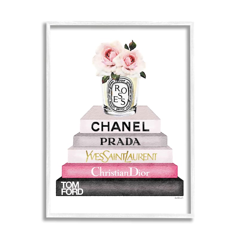 Stupell Book Stack Fashion Candle Pink Rose Framed Wall Art - 16 x 20 - White