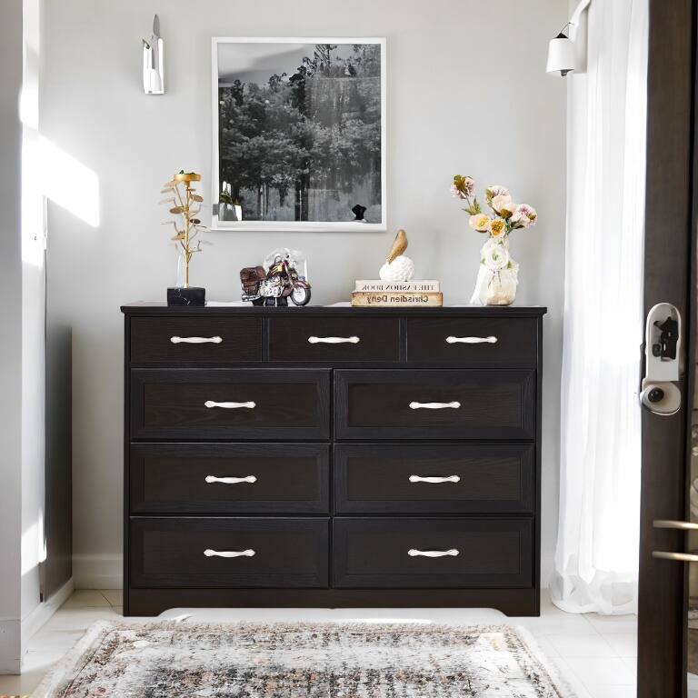 9-Drawer White Dresser - Black