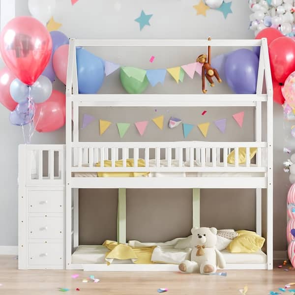 slide 2 of 14, Twin over Twin Size House Shaped Bunk Bed with Drawers and Shelves, White White