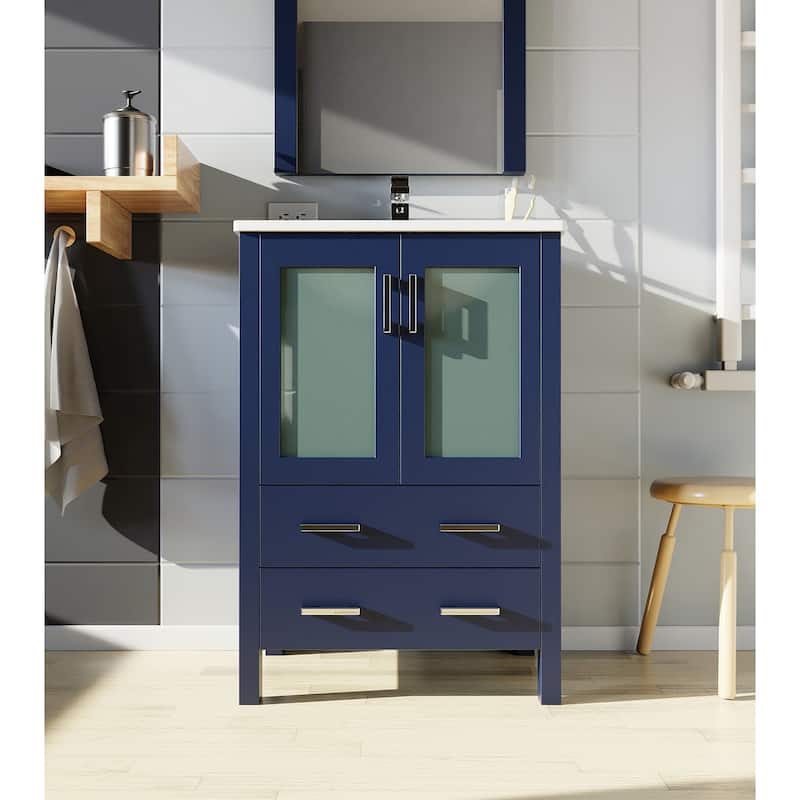 24-Inch Bathroom Vanity with Ceramic Top, Chrome Faucet, Mirror Included - Scratch & Stain Resistant