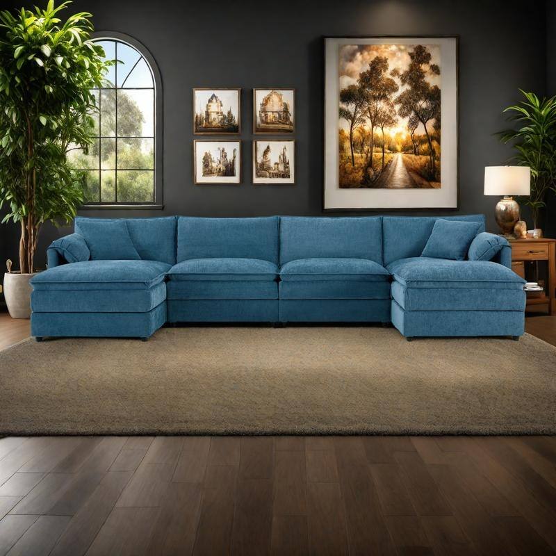 136" U-Shaped Chenille Sectional Sofa with 6-Seat Cloud Couch and Dual Ottomans & Pocket Springs (330lb Capacity)